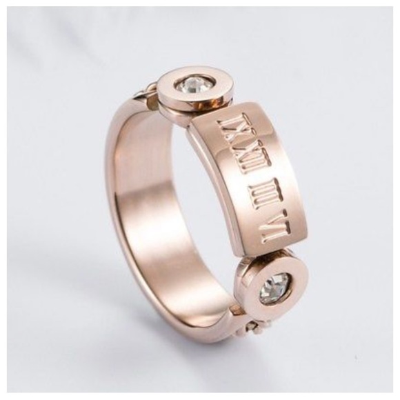 CZ Chain Roman Numeric Band 18K Rose Ring - Picture 2 of 8